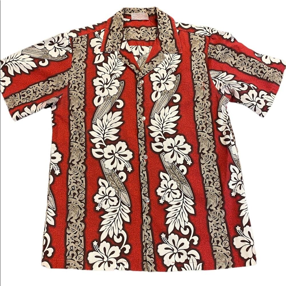 Island Aloha Wear Mens Size Medium Red and Tan Surfboard and FloralPrint Shirt